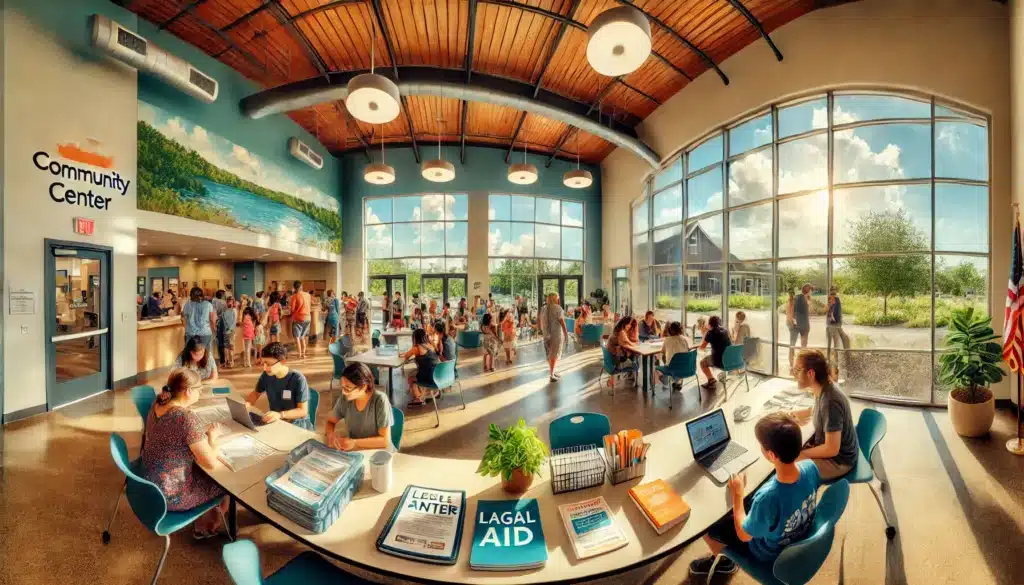 A wide-angle, photo-realistic, cinematic image capturing summer vibes. A welcoming community center in Katy, Texas, bustling with activity. Inside, families are engaging with various resources such as legal aid desks, counselors providing support, and tables with brochures about community services. Large windows let in abundant sunlight, and the exterior greenery is visible, adding to the summery feel. The setting exudes warmth, collaboration, and support for families.