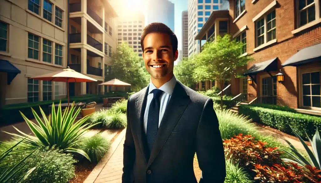 A wide-angle, photo-realistic, cinematic image of a professional and approachable divorce attorney in River Oaks, Texas. The attorney is standing outdoors on a sunny day, surrounded by vibrant greenery and elegant architecture typical of the upscale River Oaks area. The attorney, dressed in a well-tailored suit, has a warm, welcoming smile and a confident, approachable demeanor. The setting exudes summer vibes with bright sunlight and a calm, inviting atmosphere. No legal documents or office props are visible, focusing instead on a friendly, client-centered experience.