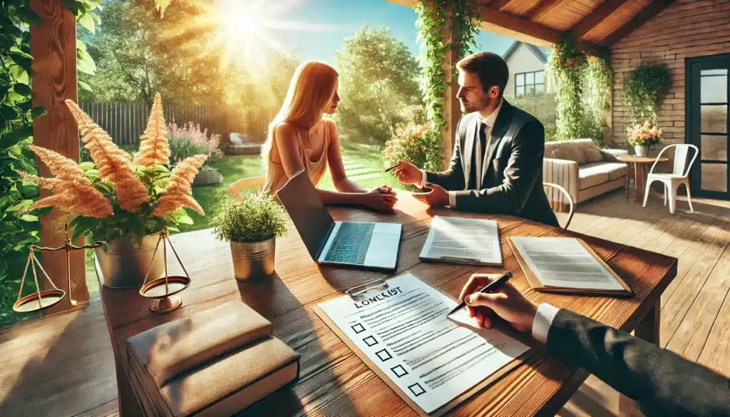 A wide-angle, photo-realistic, cinematic image with summer vibes, illustrating the steps involved in an uncontested divorce process. The image features a serene outdoor setting with a well-organized table covered in legal documents, a laptop, and a checklist. Two individuals are sitting across from each other, calmly discussing the documents with a professional attorney standing nearby, pointing at a step on the checklist. The background showcases vibrant summer greenery and sunlight filtering through, creating a peaceful and productive atmosphere.