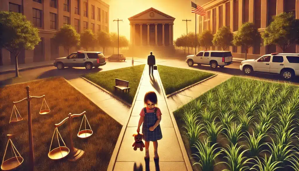 A cinematic, photo-realistic wide-angle image illustrating the impact of child abandonment on custody arrangements. The image shows a warm summer vibe with soft golden sunlight. In the foreground, a child is standing between two divided paths, symbolizing different custody outcomes. On one side, there is a courthouse in the distance representing legal decisions, while on the other side, a lone parent is walking away, symbolizing abandonment. The child appears conflicted and sad, holding a small toy or backpack. The scene evokes a sense of emotional tension and legal consequences tied to the abandonment.