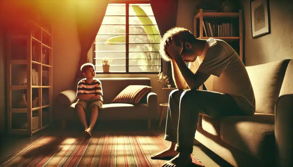 A wide-angle, photo-realistic, cinematic image with summer vibes depicting a family affected by a CPS case, showing emotional distress. The scene features a parent sitting on a couch with their head in their hands while a concerned child looks on from nearby. The setting is a modest living room with sunlight streaming through a window, casting a warm yet somber glow. The atmosphere captures a mix of anxiety, sadness, and resilience, reflecting the emotional challenges faced during a CPS case.