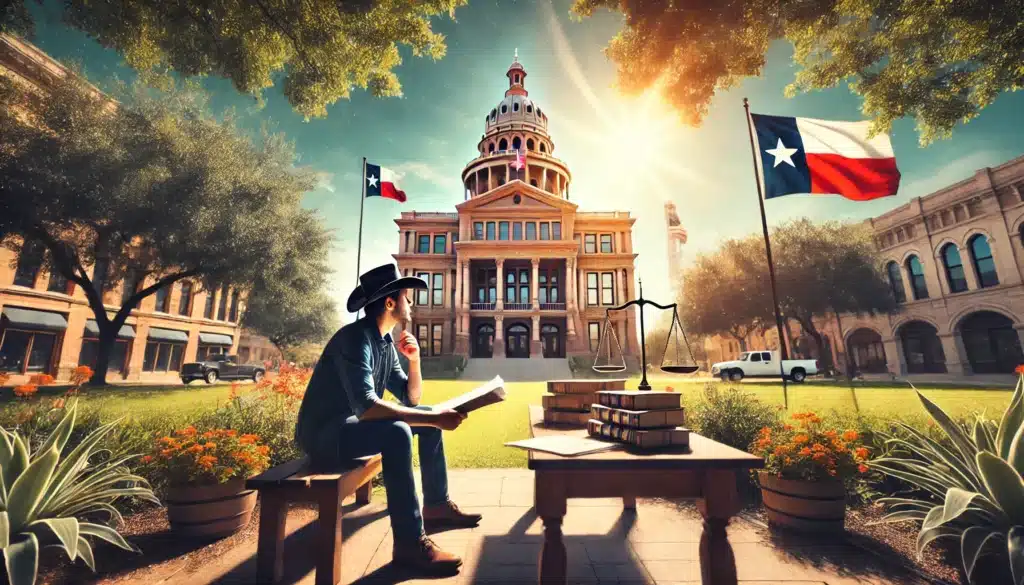 A cinematic, wide-angle, photo-realistic image capturing summer vibes with a Texas courthouse in the background under a bright, sunny sky. The foreground features a thoughtful individual sitting on a bench, holding legal documents and looking contemplative, symbolizing understanding alimony laws. The setting includes vibrant greenery, subtle Texas elements like state flags and cowboy hats, and a warm, inviting atmosphere. The image conveys a sense of exploration and clarity about legal complexities.