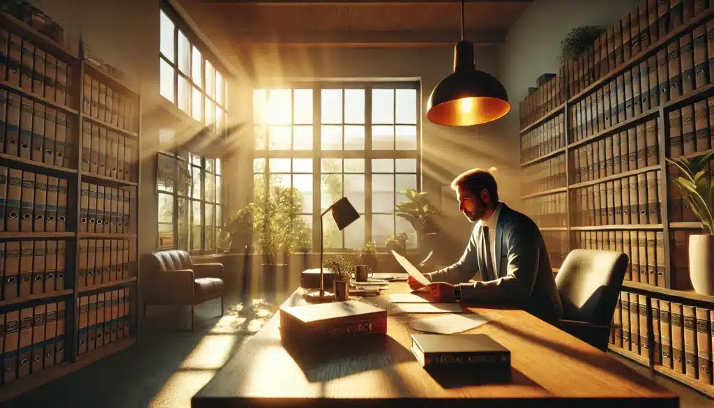 A photo-realistic, cinematic wide-angle image of a person sitting alone in a modern, cozy office space, reflecting on practical advice during a contested divorce. The person, a middle-aged Caucasian man, is seated at a wooden desk, looking thoughtfully at a set of legal documents. The room is bathed in warm, golden summer light streaming through large windows, creating a relaxed and contemplative atmosphere. The office is minimalist, with clean lines, a few plants, and a stack of legal books in the background. The person’s facial expression is focused and introspective, as if weighing their next steps. The sunlight highlights the emotional moment, giving the scene a sense of clarity amidst the chaos of divorce.