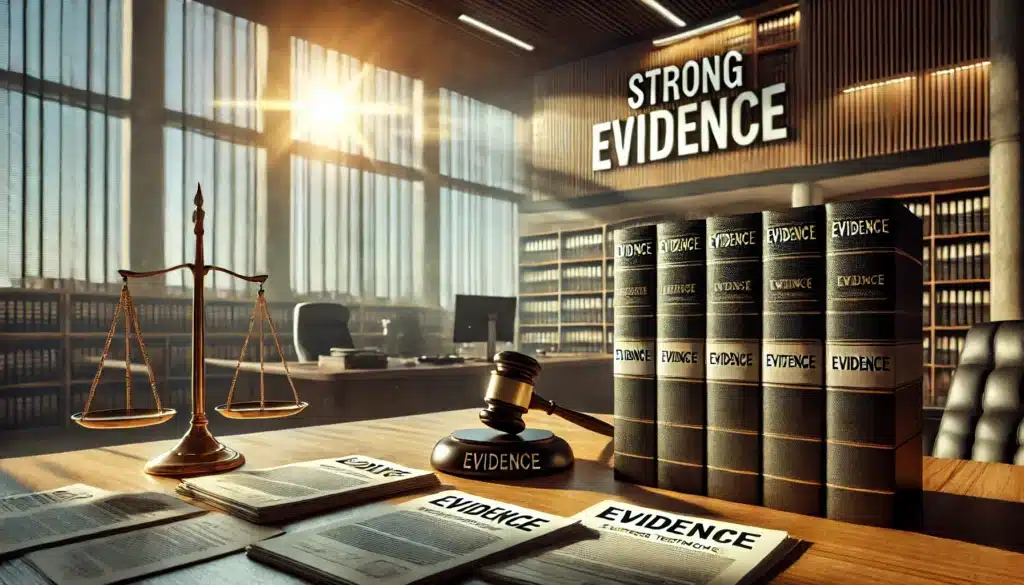 A wide-angle, photo-realistic, cinematic image illustrating the importance of strong evidence in legal proceedings. The scene is set in a modern courtroom or legal office during a bright summer day, with sunlight streaming through large windows, casting a golden hue. On a desk, stacks of legal documents, labeled 'Evidence,' 'Witness Testimonies,' and 'Court Records,' are prominently displayed. A judge's gavel and scales of justice sit in the background, symbolizing fairness and justice. The atmosphere is professional yet warm, highlighting the critical role that strong evidence plays in legal outcomes.