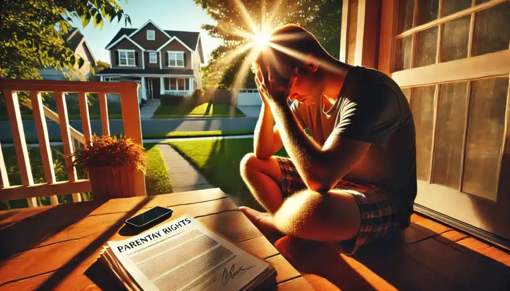 A wide-angle, photo-realistic, cinematic summer scene showing a custodial parent experiencing emotional stress due to parental rights issues. The parent is sitting on a porch, holding their head in their hands, with the warm summer sunlight creating long shadows. A legal document and phone are beside them, symbolizing the parental rights struggles. The background features a peaceful suburban neighborhood, but the parent's expression reflects emotional weight and stress. The summer vibes contrast with the parent’s visible stress, creating a deep emotional tone in the image.