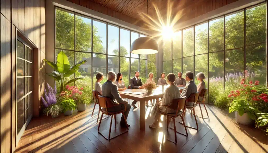 A photo-realistic, wide-angle cinematic summer scene illustrating the benefits of mediation in family law cases. The image shows a harmonious setting with a sunlit office, a large wooden table, and diverse family members sitting peacefully with a neutral mediator. Outside the wide glass windows, lush greenery and summer flowers create a serene and uplifting atmosphere. The mediator is calmly guiding a discussion, with smiles and collaborative energy among the participants. The lighting is warm and natural, enhancing the sense of resolution and hope.