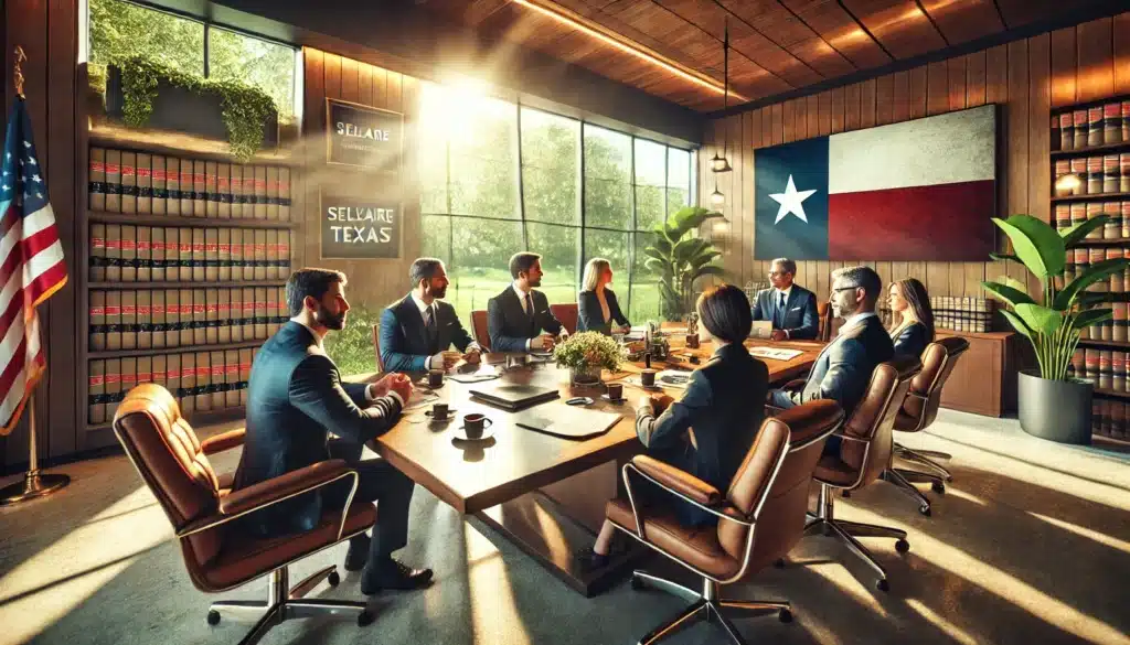 A wide-angle, photo-realistic, cinematic summer scene showing a group of experienced child custody lawyers in Bellaire, Texas, discussing strategies for their clients. The setting is a modern, sunlit conference room with large windows overlooking a lush summer landscape. The lawyers are seated around a polished wooden table covered with legal documents, laptops, and cups of coffee. Their expressions are focused and engaged, reflecting collaboration and professionalism. Subtle Texas-themed decor, such as a framed Lone Star flag or a map of Texas, is visible in the background. The atmosphere conveys expertise, teamwork, and dedication to client success, enhanced by warm natural lighting and a summer vibe.