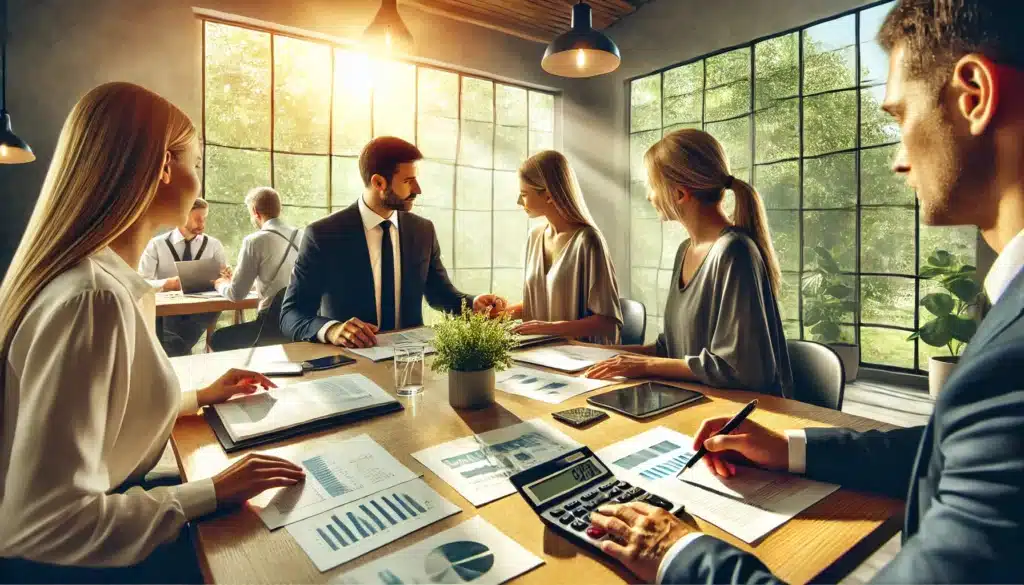 A wide-angle, photo-realistic, cinematic image with summer vibes showing financial professionals assisting in a collaborative divorce. The scene features a modern conference room with large windows letting in natural sunlight. A couple sits at a table, reviewing documents with a financial expert and a collaborative divorce attorney. The atmosphere is professional yet warm, with charts, calculators, and laptops on the table, while greenery is visible outside, emphasizing a positive and forward-thinking environment.