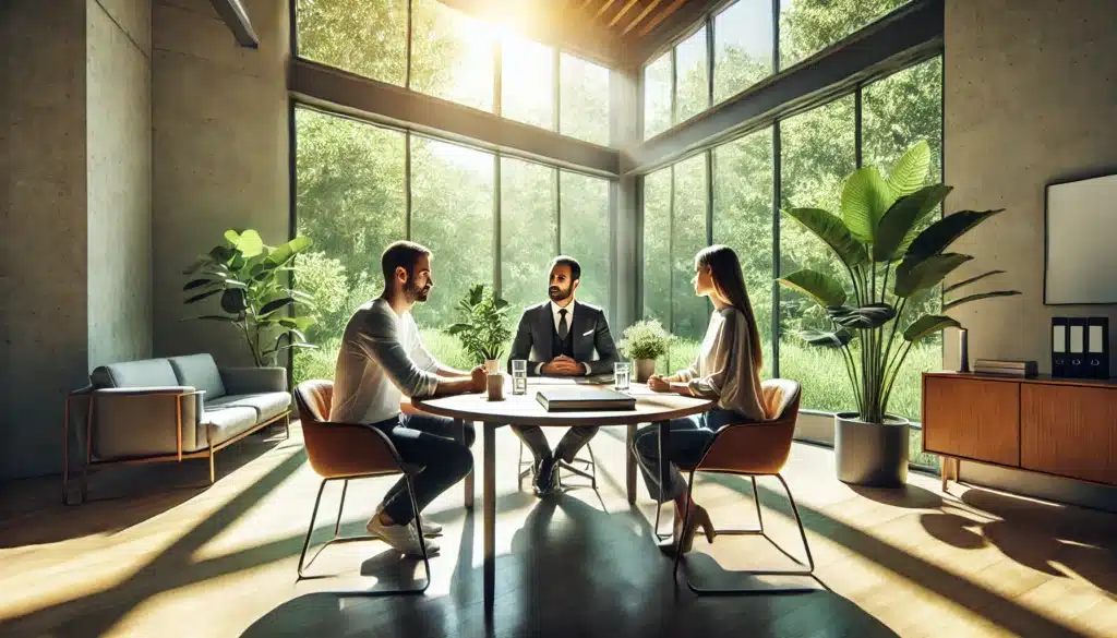 A wide-angle, photo-realistic, cinematic image capturing summer vibes. A serene mediation session in a modern, sunlit office with large windows revealing lush greenery outside. A round table with three individuals: a mediator with a calm demeanor and a professional appearance sitting between a man and a woman engaged in a constructive discussion. Papers, pens, and a glass of water are neatly arranged on the table. The atmosphere feels peaceful, professional, and collaborative, symbolizing family law mediation.