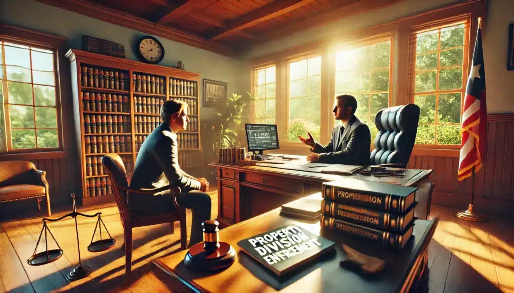 A wide-angle, photo-realistic, cinematic image with summer vibes depicting a Texas courtroom or legal office environment. The scene shows a thoughtful attorney explaining property division enforcement to a client seated across a polished desk. The room is bathed in warm sunlight, highlighting legal documents and books stacked neatly on the desk. The background includes a window overlooking a lush Texas summer landscape, with greenery and a clear sky visible. The mood is professional, approachable, and supportive, emphasizing understanding and expertise in property division enforcement.