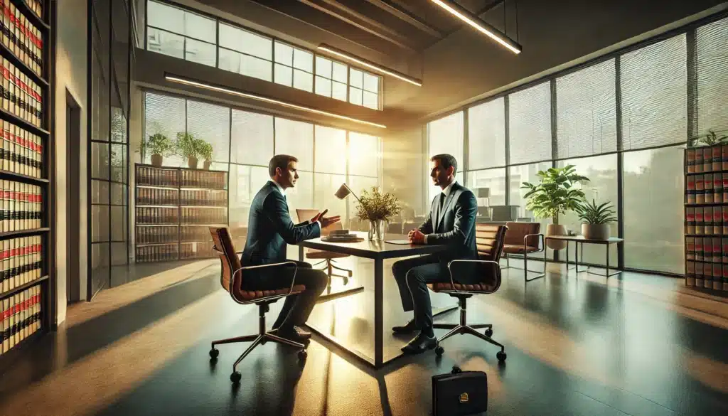 A wide angle, photo-realistic, cinematic image showing a lawyer discussing the importance of choosing the right legal representation for high net worth divorces with a client. The scene takes place in a modern, well-lit office, with natural sunlight streaming through large windows, creating a warm and inviting atmosphere. The lawyer, dressed in business attire, is sitting across from the client at a sleek conference table, gesturing toward legal documents that outline the case. The client, dressed professionally, listens attentively, with a look of deep focus. The office decor is minimalist and elegant, with touches of greenery visible outside. The image conveys a sense of professionalism, trust, and strategic guidance in a high-stakes divorce scenario.