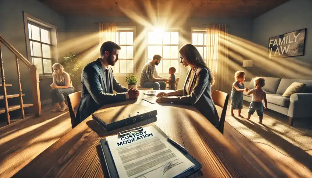 A wide-angle, photo-realistic, cinematic image depicting the impact of divorce modifications on children, with a focus on child custody and support. The scene shows a family law setting with parents discussing a legal document labeled 'Custody Modification.' The parents are seated at a table, with a mediator or lawyer present. In the background, a child is playing near a window with sunlight streaming in, creating a warm summer atmosphere. The image conveys the emotional impact, showing concern on the faces of the parents while maintaining a hopeful and positive tone. The overall mood is professional, compassionate, and family-oriented.