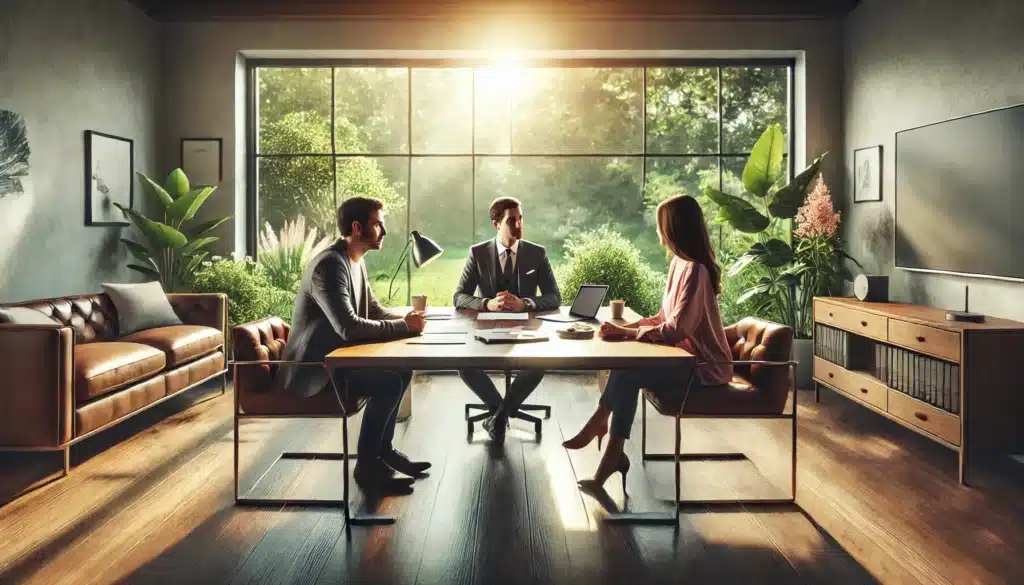 A cinematic, photo-realistic wide-angle image capturing a professional yet inviting family mediation session. Set in a bright and airy summer-lit office with large windows overlooking a lush, sunlit garden. A mediator sits at the head of a polished wooden table, calmly facilitating a discussion between a man and a woman, who are seated on either side. The atmosphere is warm, cooperative, and focused. Papers, notebooks, and coffee cups are on the table, suggesting productive discussions. The background features soft greenery and a sense of tranquility, symbolizing understanding and resolution.