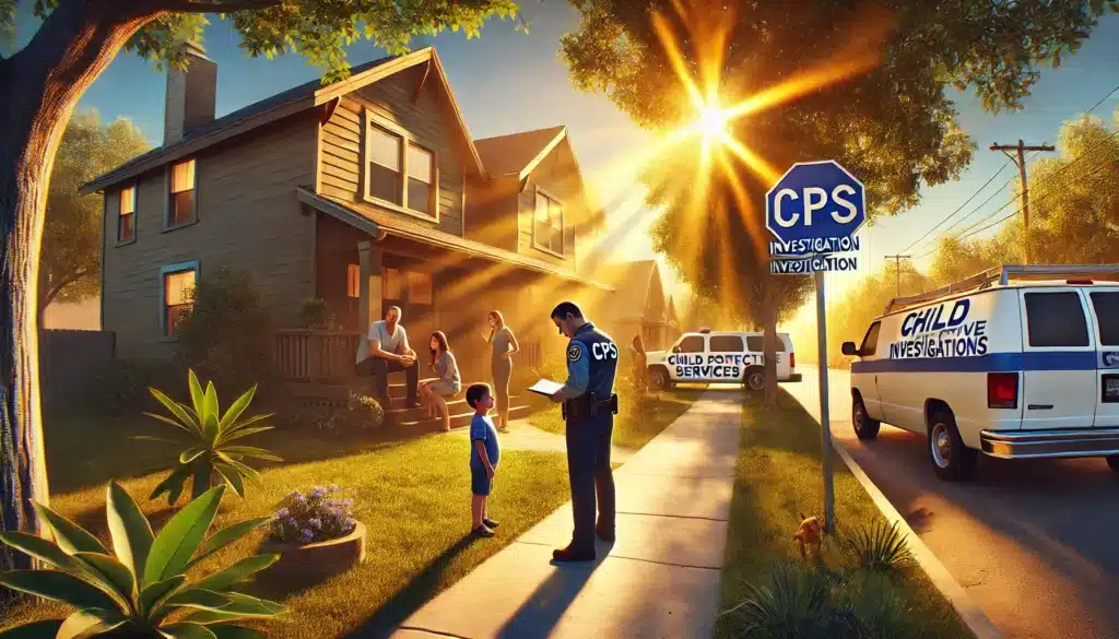 A cinematic, wide-angle, photo-realistic image depicting an overview of a CPS investigation process. The scene is set in a warm, sunny suburban neighborhood with summer vibes. The image illustrates the role of child protective services, showing a CPS worker in a professional yet empathetic posture, interacting with a concerned family. There’s a balance between a calm, peaceful environment and the tension of an investigation, with the CPS worker providing guidance and support. The visual captures the complexity of the process while maintaining a hopeful and supportive tone. The setting is vibrant with sunlight, portraying the atmosphere of summer and the emotional gravity of the moment.