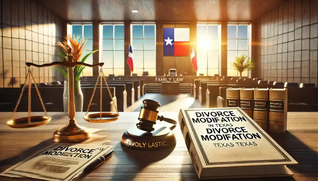 A wide-angle, photo-realistic, cinematic image showcasing an overview of divorce modifications in Texas with a summer vibe. The image includes a scene depicting family law concepts: a courtroom in the background with a judge’s gavel, legal documents labeled 'Divorce Modification,' and a Texas state flag subtly present. The scene also features a scale of justice symbolizing the legal process. There is sunlight streaming through large windows, creating a warm, inviting ambiance that reflects a summer day. The overall feel is professional yet approachable, representing the family law process in Texas.