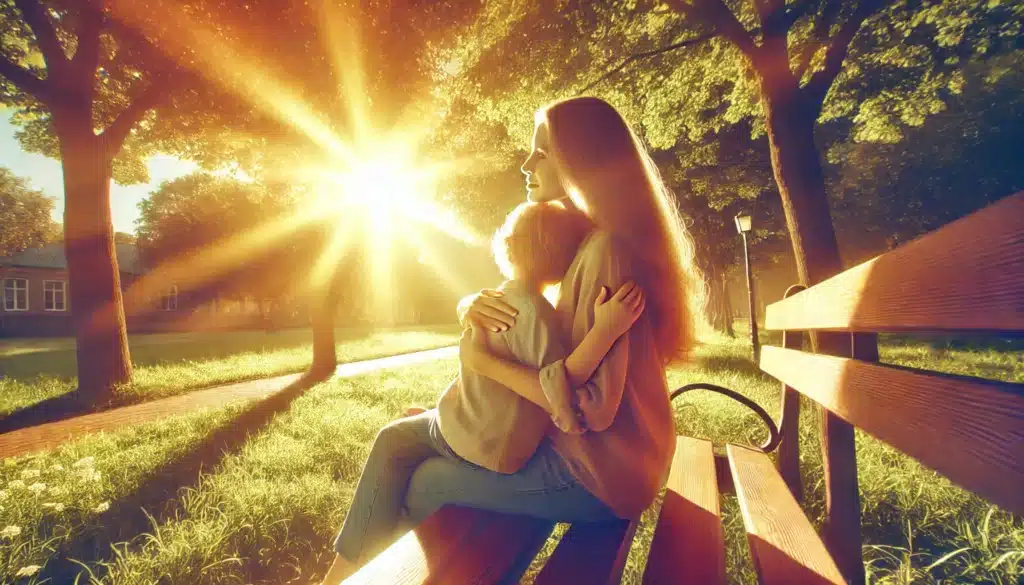 A photo-realistic, cinematic wide-angle image of a mother and child enjoying a peaceful moment together, symbolizing the importance of addressing family law issues. The scene is set in a sunlit park during a vibrant summer day, with bright green trees and a soft breeze visible. The mother is sitting on a bench, holding her child close, both smiling warmly. The child’s head rests on the mother’s shoulder, showcasing a bond of love and security. The atmosphere is serene and heartwarming, with golden sunlight casting a comforting glow, creating a strong sense of summer vibes and emotional connection.