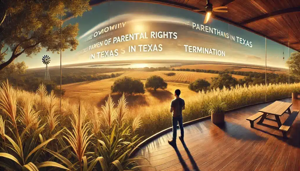 A photo-realistic, cinematic, wide-angle image of a serene and peaceful Texas landscape, with summer vibes. The scene shows a tranquil setting, with sun-drenched fields, warm golden tones, and a relaxed atmosphere. In the foreground, a calm, reflective person is looking out at the horizon, contemplating important decisions like parental rights and family matters. The scene represents an overview of the emotional and legal process of parental rights in Texas, including termination processes. The image should evoke a sense of clarity and contemplation, surrounded by natural beauty.