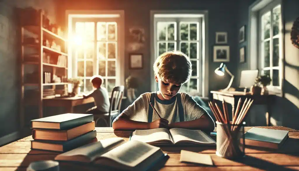 A cinematic, wide-angle, photo-realistic image of a child studying at a desk, symbolizing the impact of custody disputes on academic performance. The setting is a cozy, well-lit home environment with warm summer sunlight streaming through a nearby window. The child looks focused but slightly pensive, with open books, a notebook, and a pencil scattered on the desk. Subtle elements like a family photo or an empty chair in the background hint at the emotional undertones of the situation, creating a thoughtful and engaging atmosphere.