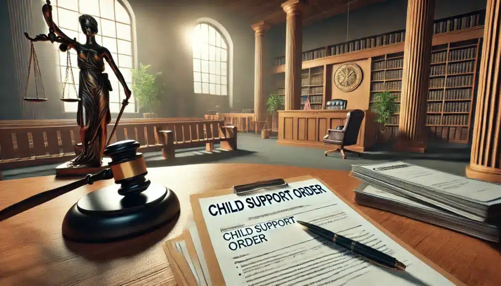 A cinematic, photo-realistic wide-angle image illustrating court orders related to child support compliance. The image shows a courtroom with a judge’s desk in focus, scattered with official court documents labeled 'Child Support Order.' In the background, the scales of justice are visible, with a large window allowing warm summer sunlight to flood the scene, giving a bright and calm atmosphere. The legal environment is highlighted by a sense of responsibility and structure, while the summer vibes add a peaceful touch.