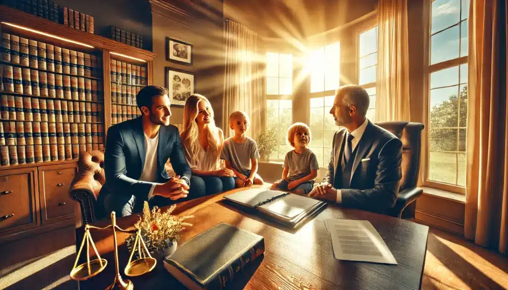 Wide-angle, photo-realistic, cinematic image with summer vibes, captured in the style of a wide-angle lens camera. A professional scene showing the benefits of engaging a family lawyer serving Atascocita. The lawyer, seated at a polished desk, is seen consulting with a smiling family, including parents and a child. The atmosphere is warm and reassuring, with sunlight streaming through large windows, casting a golden glow. The family looks relieved and confident, while the lawyer gestures with a reassuring expression. The backdrop includes legal books, a laptop, and family photos, enhancing the theme of trust and expert legal support.