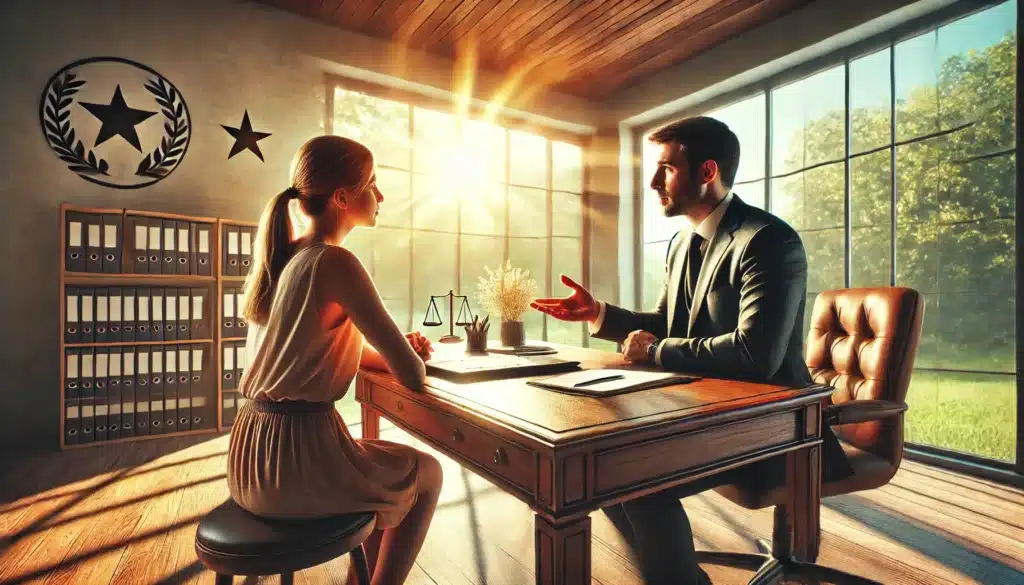 A wide-angle, photo-realistic, cinematic summer scene of a child custody lawyer and a client in a consultation. The setting is a sunlit office with large windows allowing warm natural light to pour in, creating a bright and inviting summer atmosphere. The lawyer, seated across from the client at a polished wooden desk, gestures confidently while explaining legal details. The client listens attentively, holding a notepad. The desk is neatly organized with legal documents and a laptop. Subtle Texas-themed decor, like a small Texas flag or Lone Star emblem, adds a regional touch. The atmosphere conveys trust, professionalism, and a collaborative discussion about the legal process.