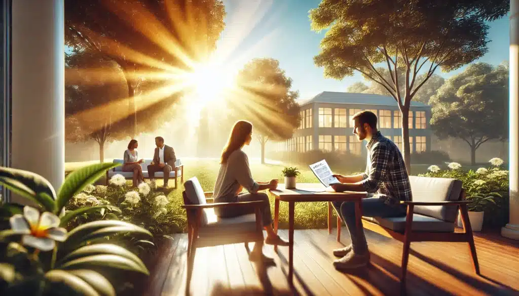 A wide angle, photo-realistic image with cinematic summer vibes, depicting an overview of child custody laws in Texas. The scene features a peaceful, serene outdoor setting, such as a sunlit park or calm garden, with two parents discussing legal documents related to child custody in a relaxed but focused manner. The background should evoke the atmosphere of Texas with warm sunlight filtering through trees, and a hint of a family law office building in the distance. This scene reflects both the emotional and legal aspects of child custody, with an emphasis on understanding and clarity, suitable for an informative video or blog post on child custody laws in Texas.