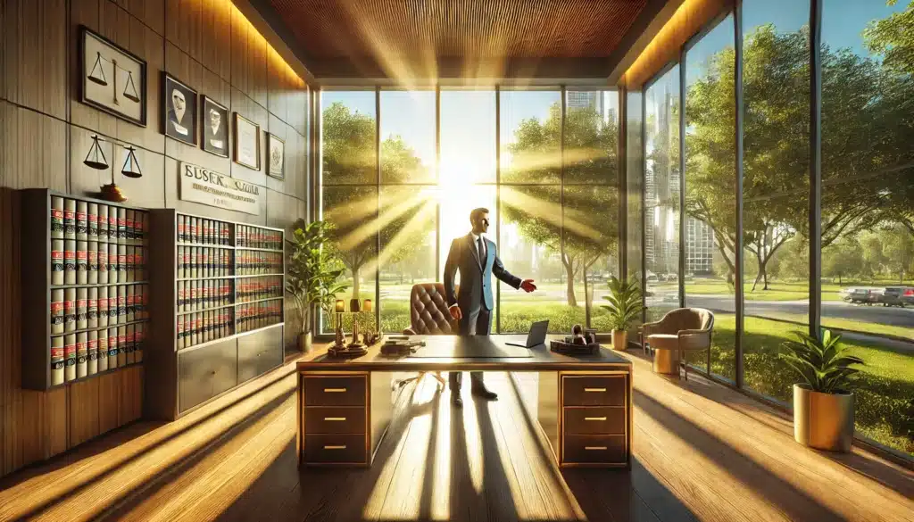 A wide-angle, photo-realistic, cinematic image of a professional office in River Oaks, Texas, during summer. The scene shows a confident attorney warmly greeting a client in a modern yet inviting office with floor-to-ceiling windows revealing a sunny, green outdoor landscape. Legal books, a neatly arranged desk, and framed accolades on the wall emphasize expertise and trust. The summer vibes are highlighted by the golden sunlight streaming through the windows, creating a welcoming and professional atmosphere ideal for choosing the right contested divorce attorney.