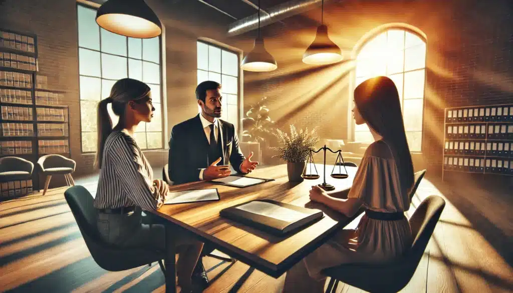 A wide angle, photo-realistic, cinematic summer vibes image depicting a family law attorney in Katy, Texas, sitting at a table with clients discussing gestational agreements. The scene takes place in a modern, professional office setting with warm natural lighting streaming through the windows. The attorney is engaged in conversation with the clients, offering clear legal advice and support, while the clients appear attentive and reassured. The overall atmosphere is calm, inviting, and professional, symbolizing trust and expertise in family law.