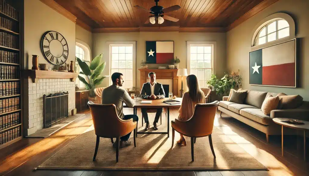 A wide-angle, photo-realistic, cinematic image capturing a Texas divorce mediation session in a warm, inviting room. The mediator, a neutral professional, is facilitating a discussion between a couple seated across from each other at a large table. The room has natural sunlight streaming in, creating a summer vibe with soft, neutral tones. The atmosphere feels calm, with hints of Texas decor subtly in the background. The couple appears focused and engaged in conversation, reflecting a collaborative and peaceful process. No text or branding visible in the image.