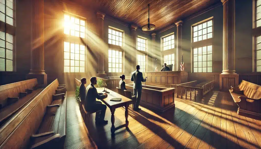 A wide-angle, photo-realistic, cinematic image with summer vibes depicting a courtroom scene where legal strategies are being discussed. The scene features a professional attorney presenting arguments to a judge, while a client sits nearby attentively. The courtroom is sunlit through tall windows, casting a warm, inviting glow on the wooden benches and polished floors. The atmosphere is a mix of intensity and professionalism, showcasing the seriousness of the discussion while maintaining a hopeful tone.