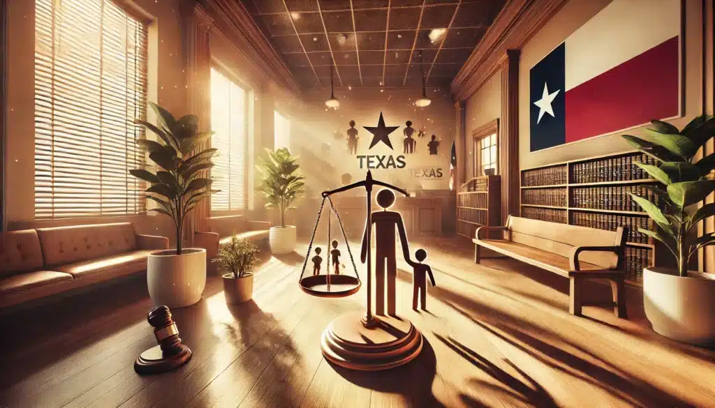 Wide-angle, photo-realistic, cinematic image with summer vibes. The scene captures a legal setting, such as a courthouse or law office in Texas, with symbols representing child custody, like a balanced scale of justice and family figures. The image features sunlight streaming in, casting warm shadows, giving a welcoming yet serious tone. The background showcases Texas elements, such as a Lone Star flag or Texas state emblem, subtly indicating the location. The overall feel is informative and professional, emphasizing the importance of understanding child custody laws in Texas.