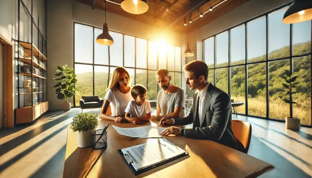 A wide-angle, photo-realistic, cinematic image with summer vibes, showing an experienced adoption attorney in Katy, Texas, consulting with prospective adoptive parents in a modern, sunlit office. The scene includes the attorney reviewing documents with the family, who look engaged and optimistic. Large windows let in warm sunlight, and the background features a view of lush green trees, creating a professional and welcoming atmosphere.