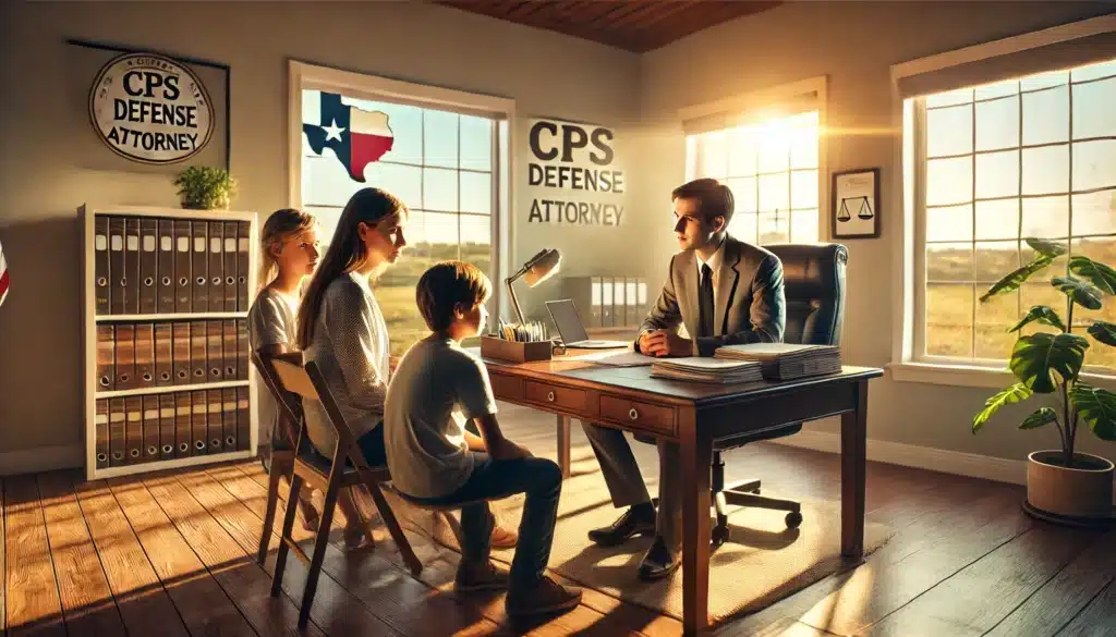 A wide-angle, photo-realistic, cinematic image with summer vibes depicting a CPS defense attorney in a professional office in Sugar Land, Texas, having a calm and focused discussion with a family. The scene shows the attorney at a polished desk with legal documents and a laptop, engaging attentively with a concerned parent and child seated across the table. Warm sunlight streams through large windows, highlighting the welcoming atmosphere of the room. The setting conveys trust, professionalism, and support, with subtle elements of Texas culture, such as a small state flag or a map on the wall.