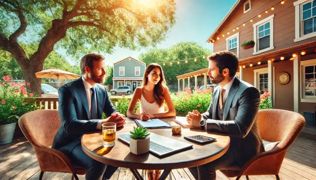 A wide-angle, photo-realistic, cinematic image with summer vibes, showing two professional attorneys sitting with a client at an outdoor patio table surrounded by vibrant greenery. The attorneys are engaged and friendly, with papers and a laptop on the table, symbolizing their assistance in an uncontested divorce process. The setting is warm and sunny, exuding a welcoming and calm atmosphere, with a small-town Texas vibe in the background.