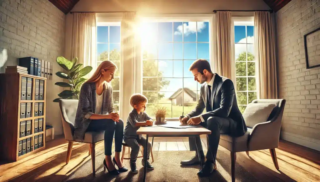 A wide-angle, photo-realistic, cinematic image depicting a caring family scene related to child custody and support in Texas divorce cases. A dedicated lawyer is seated with a parent and a child in a bright, welcoming office on a sunny summer day. The lawyer is attentively listening and showing legal documents to the parent while the child sits calmly, holding a toy. The room features large windows with sunlight streaming in, showcasing a peaceful summer landscape outside, including trees and a clear blue sky. The atmosphere conveys professionalism, compassion, and focus on ensuring stability for children. No cameras or equipment visible.