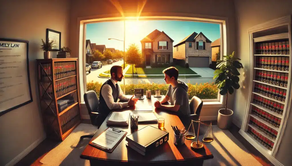 A wide-angle, photo-realistic cinematic image with summer vibes, depicting a family law attorney in a professional office setting discussing child custody issues with a client in Tomball, Texas. The scene shows the attorney sitting at a desk with legal documents and a laptop, engaging warmly with a concerned parent. Through the office window, a sunny suburban Texas neighborhood is visible, adding a sense of location and summer atmosphere. The composition emphasizes trust, professionalism, and support during a serious legal conversation.