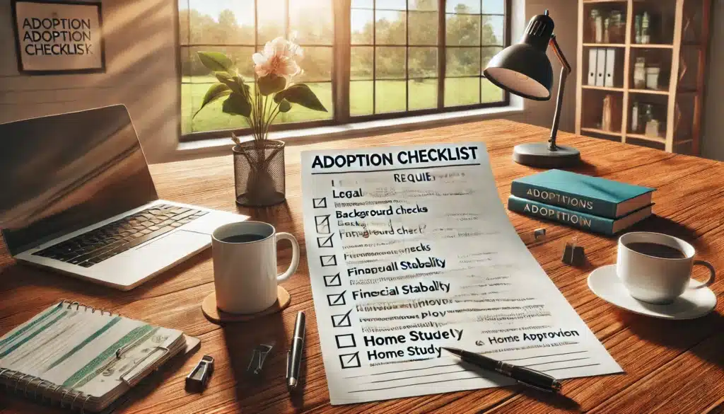 A wide-angle, photo-realistic, cinematic image with summer vibes, depicting a detailed adoption checklist laid out on a wooden table in a bright, sunlit office. The checklist includes legal requirements such as background checks, financial stability, and home study approval. Nearby, a pen, coffee mug, and a laptop sit, symbolizing preparation and organization. The background shows a large window with sunlight streaming in, overlooking a green park, creating a professional yet inviting atmosphere.