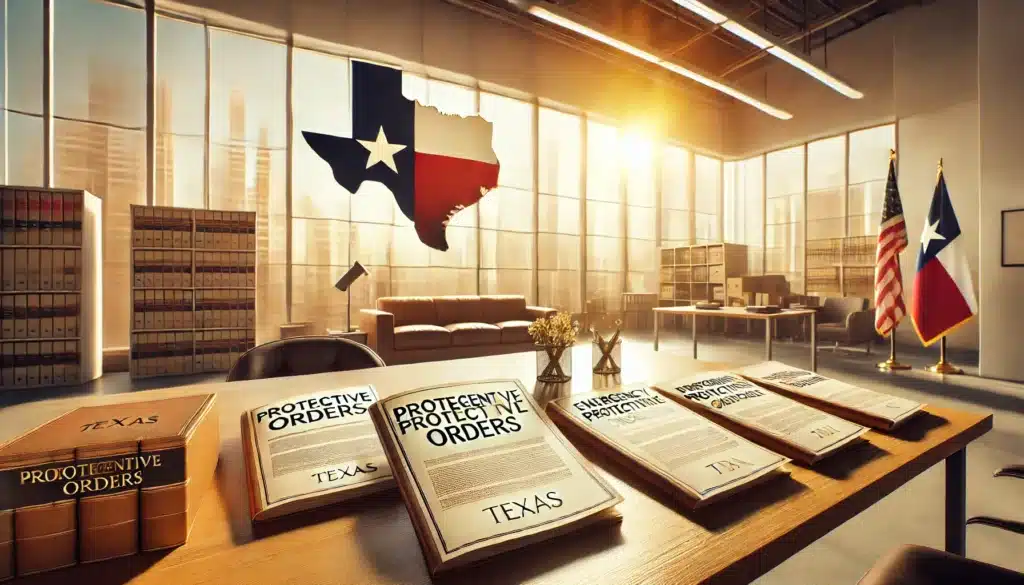 A photo-realistic, wide-angle cinematic image illustrating different types of protective orders in Texas. The image is set in a bright, modern legal office during a summer afternoon with sunlight streaming through large windows. On a desk, various documents are labeled 'Protective Orders,' 'Emergency Protective Orders,' and 'Temporary Protective Orders.' A Texas map is visible on the wall, symbolizing the state's legal system. The warm, golden summer light creates a professional yet welcoming and safe atmosphere.