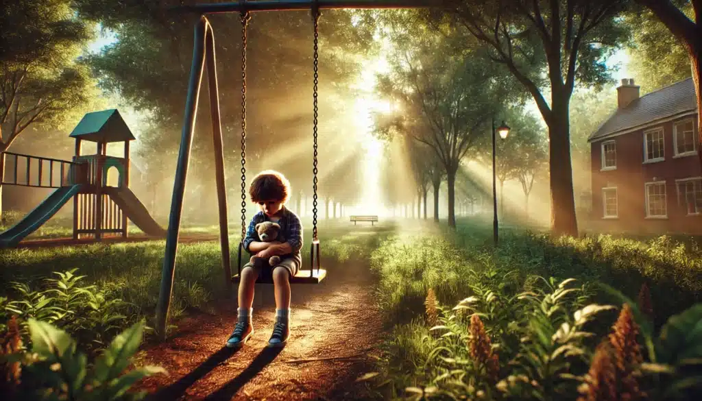 A cinematic, photo-realistic wide-angle image depicting the emotional impact of parental rights termination on a child. The scene shows a young child sitting alone on a swing in a quiet park during a warm summer afternoon. The child looks down, holding a small stuffed animal tightly, with an expression of sadness and contemplation. The surrounding park is vibrant with lush green grass and softly glowing sunlight filtering through tall trees, creating a poignant contrast between the serene environment and the child's emotional state. The image evokes feelings of loss, reflection, and hope within a summer vibe.