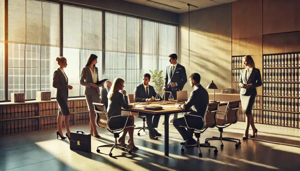 A group of child support attorneys collaborating in an office setting. The scene is photo-realistic and cinematic, with a professional and modern office space. The attorneys are diverse, representing different genders and ethnicities, engaged in a discussion around a conference table with legal documents and laptops in front of them. The office has large windows allowing natural light to stream in, creating a warm, summer vibe. The setting is calm, focused, and collaborative, highlighting teamwork in a legal environment. The attorneys are dressed in business attire, appearing confident and engaged in their work.