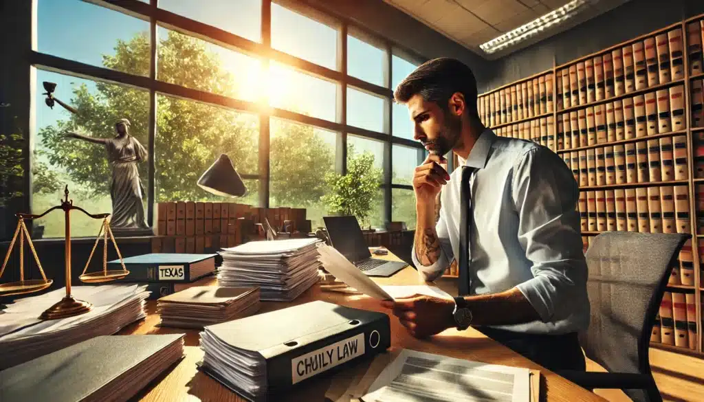 Wide-angle, photo-realistic, cinematic image with summer vibes. The scene captures a family law attorney in an office setting, reviewing case files related to child custody decisions. The attorney looks focused, surrounded by legal documents, and appears deep in thought. The office has large sunlit windows with a view of green trees outside, creating a warm and professional atmosphere. The background shows a typical legal setting with bookshelves and a desk, emphasizing the meticulous review process. The image conveys the seriousness and attention to detail required when Texas courts consider factors in child custody decisions.