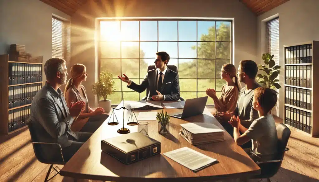 A cinematic, wide-angle, photo-realistic image of a family law attorney in a professional office setting, discussing a successful custody resolution case study. The attorney is seated at a polished desk with an open laptop and documents, gesturing confidently while speaking to an attentive audience of parents. The room is bright with warm summer sunlight streaming through large windows, with a view of lush greenery and blue skies. The atmosphere conveys professionalism, trust, and hope.