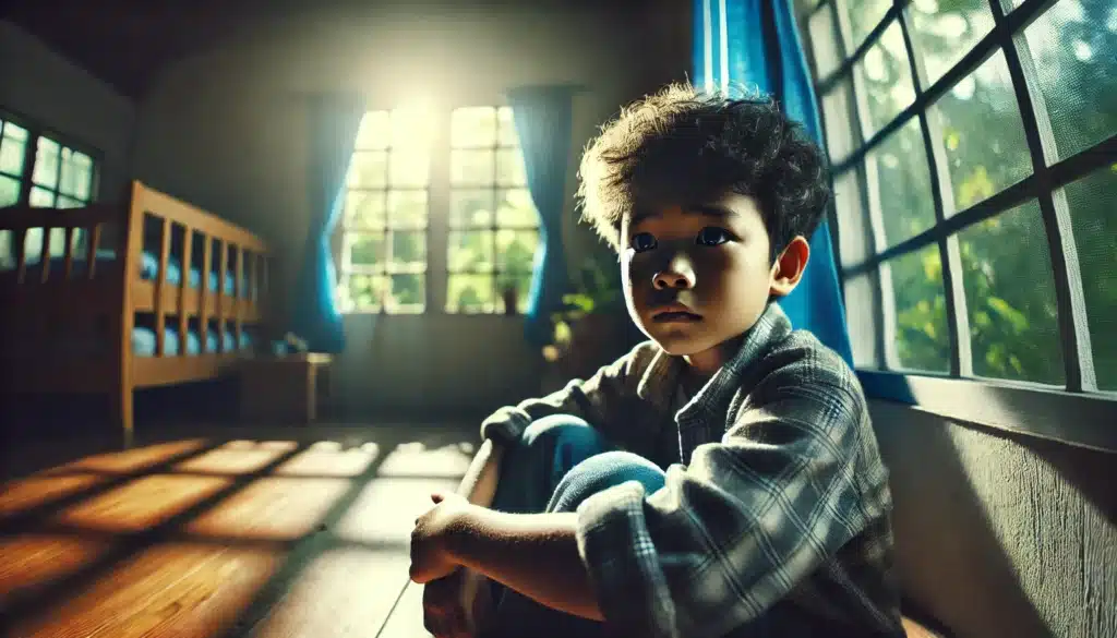 A photo-realistic, cinematic wide-angle image of a child looking distressed, symbolizing the psychological impact of parental alienation. The child is sitting alone in a room, with a look of confusion and sadness on their face. The summer sunlight filters through the window, highlighting the child's emotional turmoil. The scene conveys the weight of parental alienation, capturing the loneliness and internal conflict the child feels in the situation.