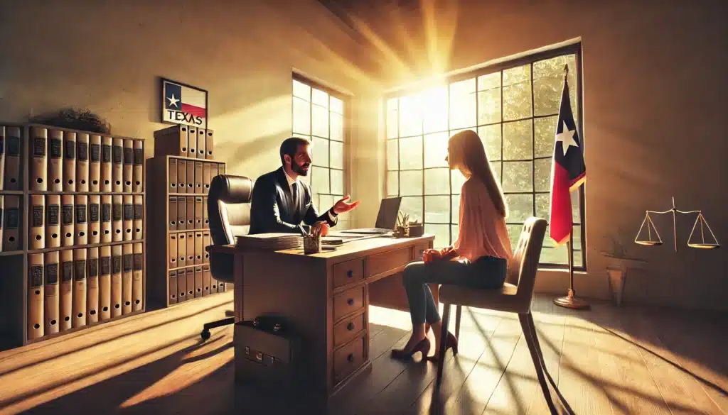 A wide-angle, photo-realistic, cinematic summer scene showing a family law attorney advising a client on parental rights issues. The scene takes place in a bright, sunlit office, with the attorney sitting behind a wooden desk, engaging with the client. Legal documents and a laptop are on the desk, and the Texas state flag is visible near the window. The client looks attentive, while the attorney gestures confidently. Warm natural light streams in, creating a relaxed yet professional atmosphere, capturing the essence of summer vibes and a supportive legal consultation.