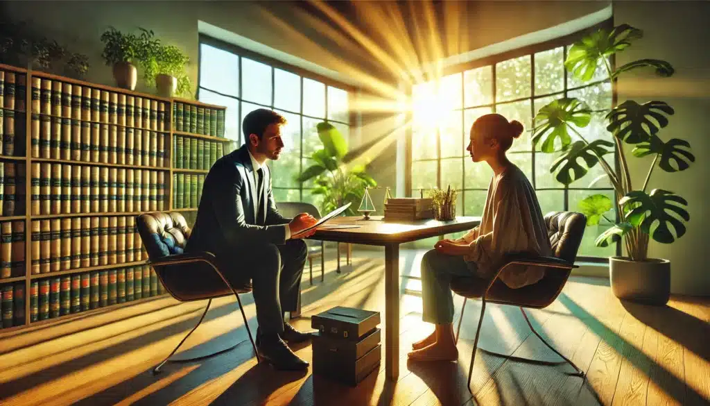 A wide-angle, photo-realistic, cinematic image with summer vibes showing a temporary orders attorney in The Woodlands consulting with a potential client. The scene takes place in a modern, sunlit office with large windows. The attorney, dressed in a professional suit, sits across from the client, listening attentively and providing guidance. The client appears engaged and relaxed, holding a document. The background features green plants, legal books, and a polished desk. Sunlight streams through the windows, creating a warm, inviting atmosphere, emphasizing the supportive and professional nature of the consultation.