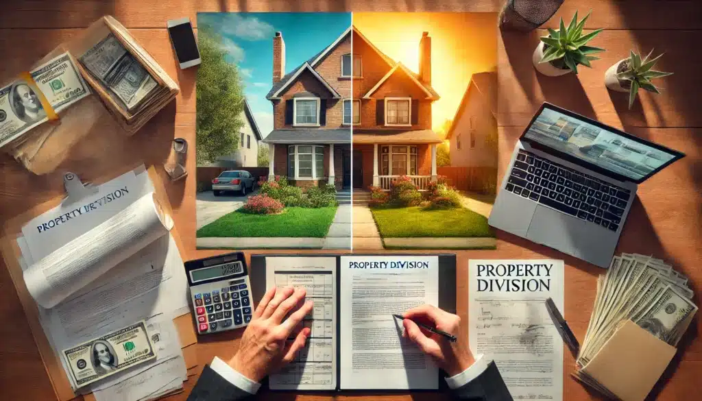 A wide-angle, photo-realistic, cinematic image with summer vibes, depicting a symbolic representation of property division in Texas. The scene shows a split image of a suburban family home and a neatly organized desk with legal documents, a calculator, and a laptop. On one side, the family home is serene and inviting with a sunny front yard, representing community property. On the other side, the desk suggests meticulous financial and legal work, symbolizing the division of assets and separate property. The atmosphere is balanced, reflective, and visually engaging, capturing the essence of property division.