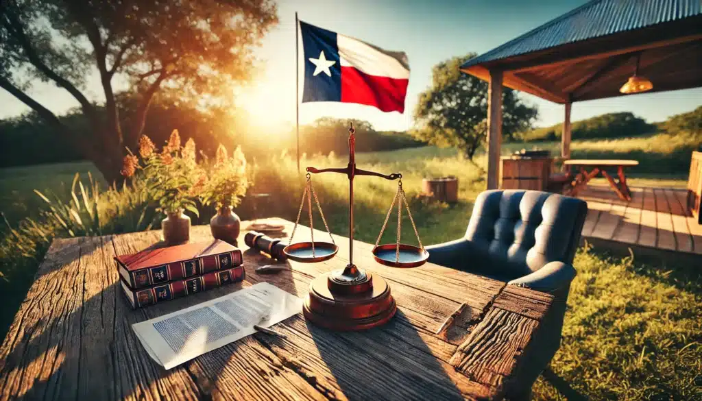 A photo-realistic, cinematic wide-angle image depicting the concept of alimony in Texas. The scene features a serene summer vibe with a symbolic balance scale placed on a rustic wooden table outdoors, surrounded by legal documents and a Texas flag gently fluttering in the background. The setting is illuminated by warm sunlight with a clear blue sky, evoking a sense of clarity and understanding about spousal support laws in Texas.