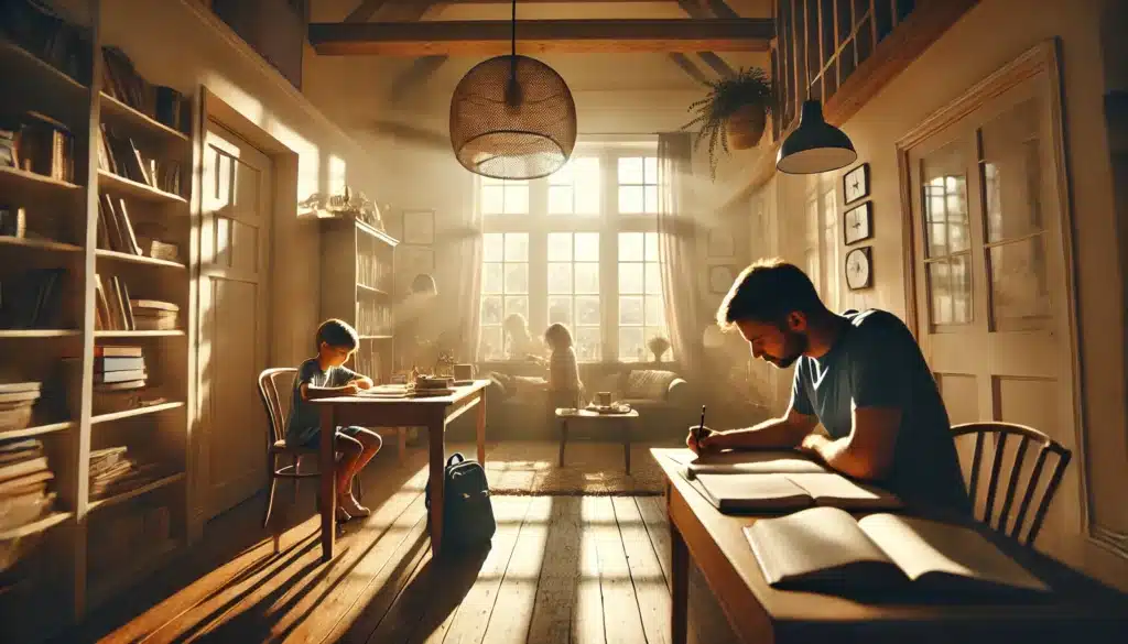 A wide-angle, photo-realistic, cinematic image with summer vibes, capturing a serene, warm afternoon scene in a cozy living room. One parent is sitting at a desk, helping their child with schoolwork, while another child is sitting nearby, reading a book. The sunlight pours in through the window, casting soft shadows on the room. The parent is engaged, offering encouragement and support, while the child focuses on their homework. The scene highlights the importance of maintaining stability and supporting a child's education during divorce, with an emphasis on the parental role in ensuring a positive and nurturing environment during difficult times.