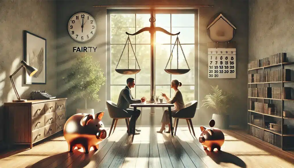 A wide-angle, photo-realistic, cinematic image illustrating the key benefits of divorce mediation. The scene captures a warm, inviting room with natural sunlight streaming through large windows, creating a summery vibe. At a table, two people sit across from a mediator, engaged in positive, peaceful conversation. Nearby, symbolic elements subtly convey the benefits: a balanced scale representing fairness, a calendar suggesting time efficiency, and a piggy bank symbolizing cost savings. The overall mood is collaborative and calm, with soft, neutral tones. No text or branding visible in the image.