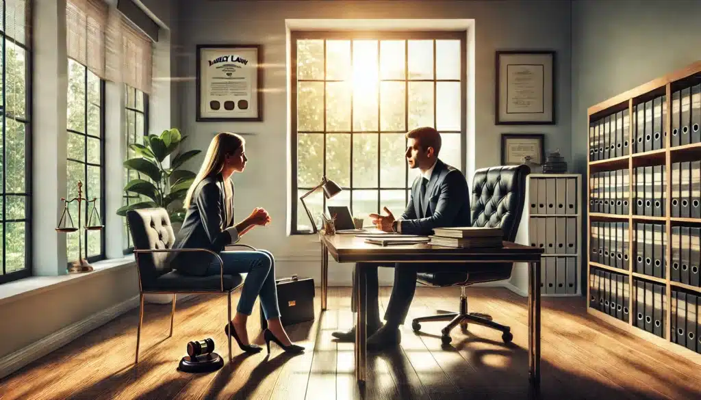 A cinematic, wide-angle, photo-realistic image showing a family law attorney and a parent engaged in a discussion about custody and visitation plans. The setting is a bright and welcoming office, with summer sunlight streaming through large windows. The attorney is seated across from the parent at a polished desk, with legal documents, a laptop, and a cup of coffee on the table. The parent appears attentive, holding a pen and notebook, while the attorney gestures confidently. Subtle decor touches, like framed diplomas and family-themed artwork, add warmth and professionalism to the atmosphere.